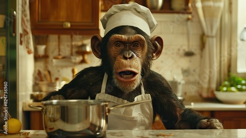 Chimpanzee wearing a chef hat and apron cooking in a kitchen with a pot and utensils