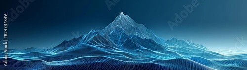 Lowpoly wireframe mountain with a summit target, deep blue tones, symbolizing the journey and challenge of achieving goals