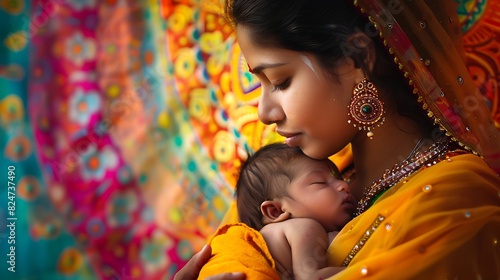 Against a backdrop of vibrant colors, an Indian mother holds her newborn in a moment of pure love and tenderness