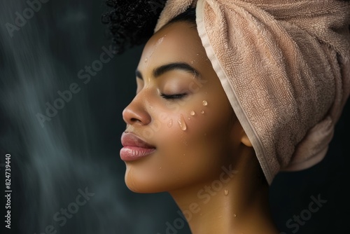 Tranquil woman with a towel turban and dewy skin, embodying peace and skincare