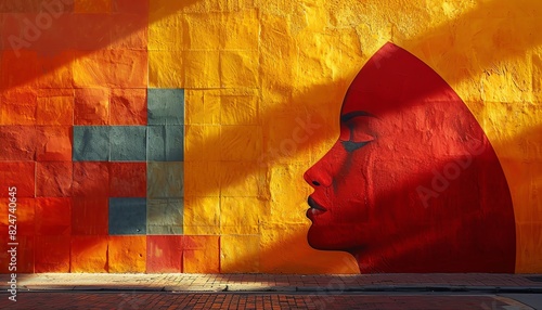 Street art mural of a woman's face in red, yellow, and orange.