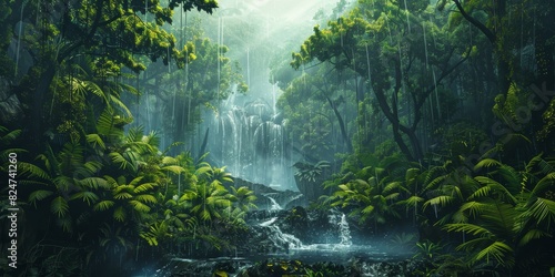 A painting of a jungle with a river running through it generated by AI