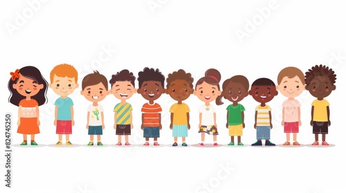 Multicultural kids concept. Community of asian, african, european international children. Multiracial tolerance between different boys and girls. Happy childhood without racism vector.