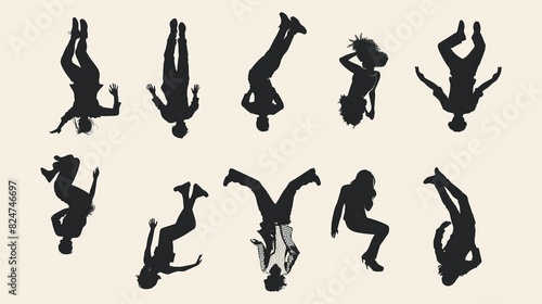 People top view frame. People silhouette, male and female action and sitting above view, people silhouette top view. Vector isolated set of above view human illustration