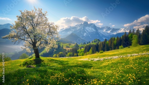 Sunny day in the alps. idyllic springtime mountain landscape with blooming meadows