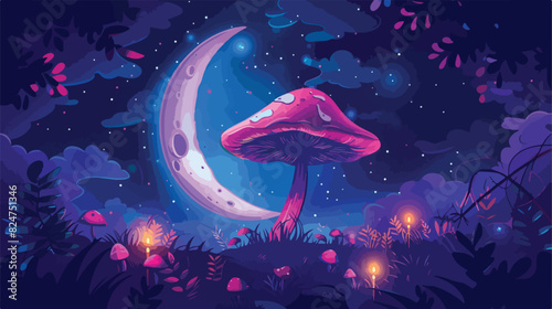 Mystic mushroom on moon crescent. Celestial witch sym
