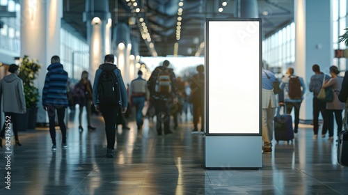 A white advertising mockup display installed in the middle of a crowded conference hall.