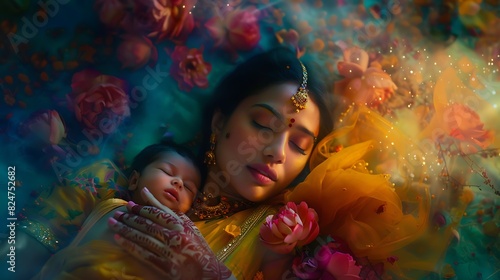 A symphony of colors envelops an Indian mother and her newborn child, creating a magical and enchanting scene