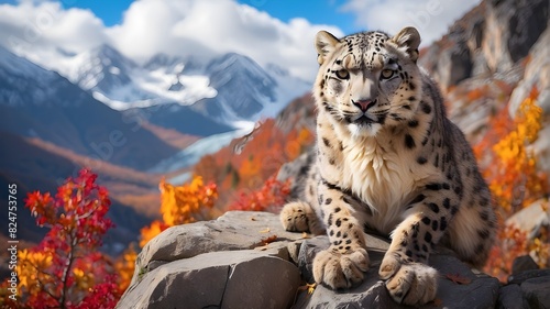 Magnificent Snow Leopard Perched atop Himalayan Rocks amongst a Vivacious Autumnal Landscape