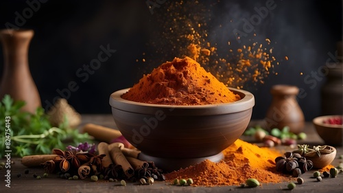 A lively picture that shows the movement of grinding spices in a mortar and pestle, with colors merging and aromatic scents permeating the space,