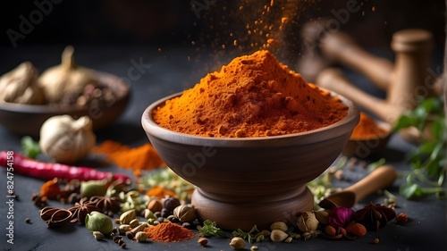 A lively picture that shows the movement of grinding spices in a mortar and pestle, with colors merging and aromatic scents permeating the space,
