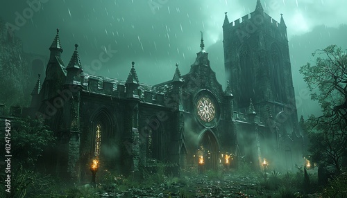 A gothic cathedral shrouded in mist and rain, with flickering torches illuminating the entrance.