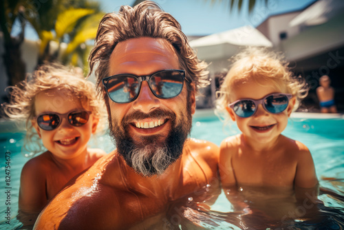 Dos niños con su papá se divierten nadando en la piscina del resort durante las vacaciones de verano. Actividades en familia al aire libre.