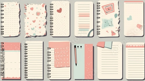 Various papers and notes doodle set. Collection of hand drawn pieces and pages of paper notes with reminders and information isolated on transparent background. Illustration of notebooks in rows