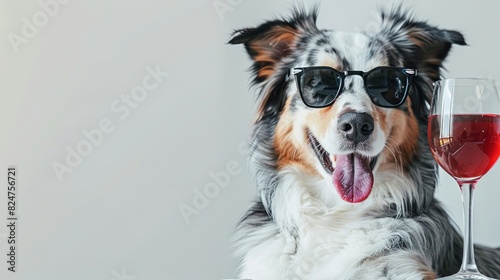 10h portrait of a great australian shepherd wearing sunglasses and holding a glass of red wine, wagging it's tongue, happy expression, banner with copy space