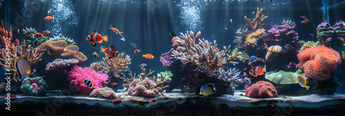 Vibrant Coral Reef Aquarium with Colorful Fish and Intricate Coral Formations in a Tranquil Underwater Scene