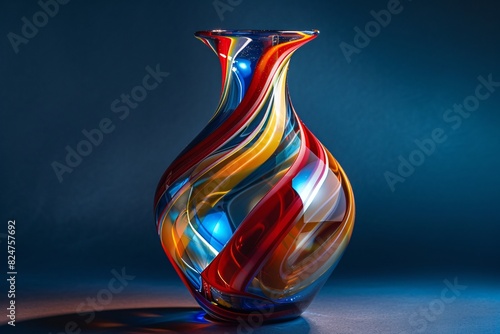a colorful glass vase on a blue background