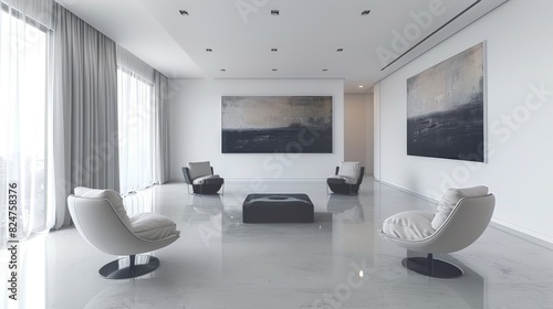 A spacious living room with white marble floor, modern furniture, and large abstract paintings