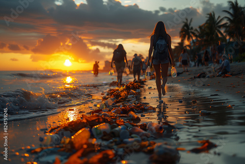 A group of volunteers cleaning up a beach littered with plastic waste, advocating for ocean conservation.A group strolls the sandy beach at sunset, marveling at the view