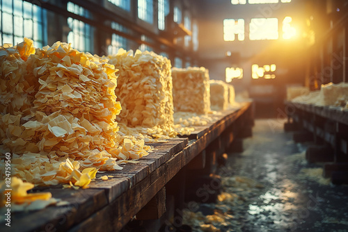 A series of images showcasing the lifecycle of a recycled paper product from pulp to final product.In the factory, there are wooden shelves filled with stacks of cheese