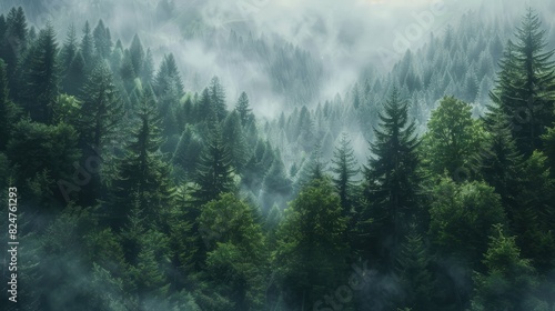 Misty forest ambiance enveloped in the woods Hazy mountain scene featuring a fir forest