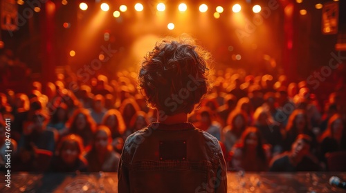 A ten year old child seen from behind on a stage while he or she is entertaining a crowd. The people in the crowd are grown ups and they are laughing a lot