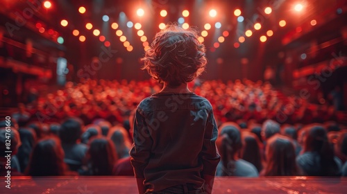 A ten year old child seen from behind on a stage while he or she is entertaining a crowd. The people in the crowd are grown ups and they are laughing a lot