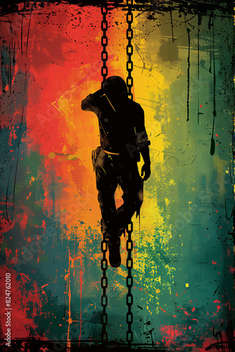 A silhouette of a man chained amidst black, green, red and yellow colors, concept of social issue of drug addiction and cannabis use, creative illustration.