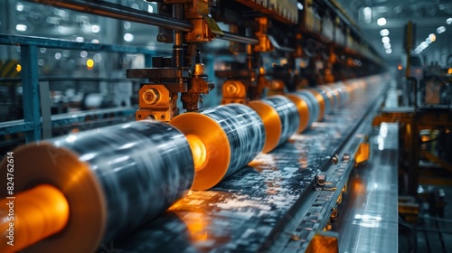 Picture of an industrial automated production line with rolls and sheets of material, glowing with heat