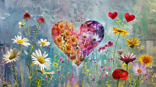 The heart-shaped flower collage has the cardiograph pattern of an asteraceae flower
