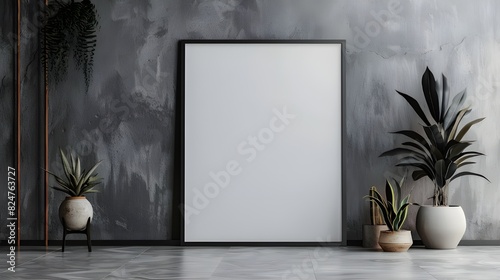 Grey wall with white blank poster and mock-up of a frame 