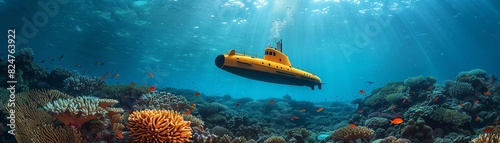 Yellow submarine gliding through clear blue ocean water above vibrant coral reef, sunlight filtering from above