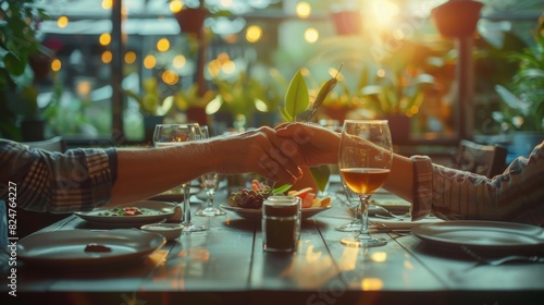 The LGBTQ senior couple holds hands while enjoying a meal at a restaurant, showcasing their love and commitment.