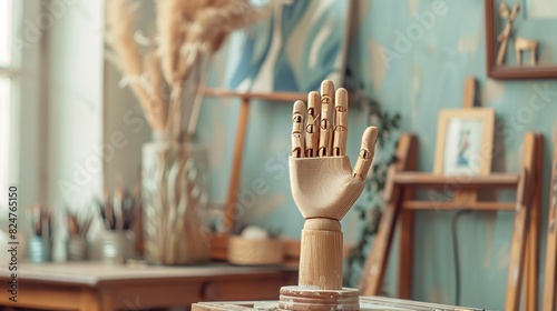 Aesthetic artist background with small easel and wooden hand mannequin, drawing class decoration
