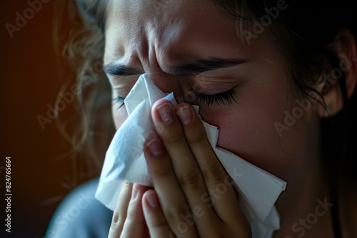 Close-up of a distressed young woman using a tissue to blow her nose, signs of a cold or flu
