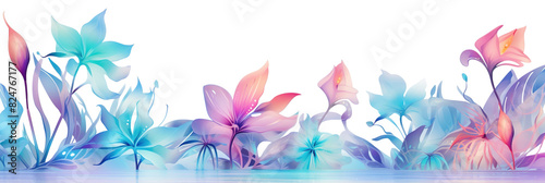 Holographic footer with tropical plants, flowers and water, on transparent background. Pastel, iridescent color gradient.