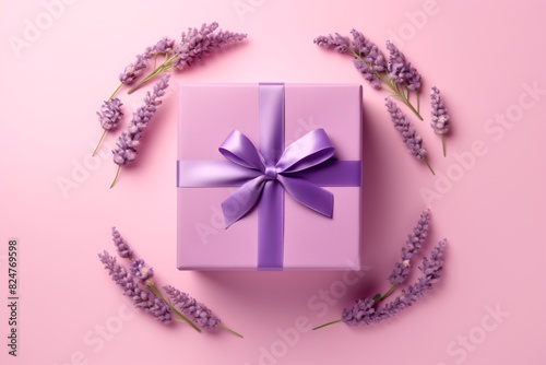 a purple gift box with a bow surrounded by purple flowers