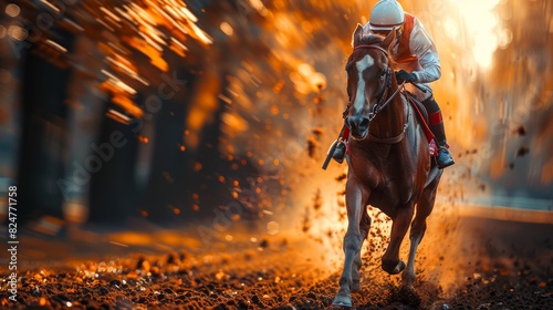 A jockey in a red jacket rides a horse at high speed on a racetrack, showcasing motion blur