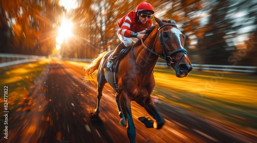 Horse and jockey sprinting on a racetrack, conveying intense speed and competition