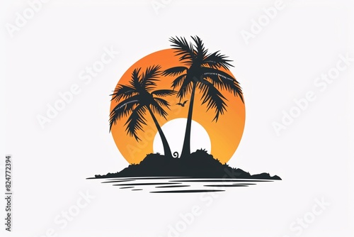 a silhouette of palm trees on an island with a sun behind it