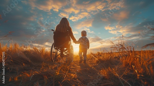 A tender moment as a child holds hands with a wheelchair-bound adult during a sunset