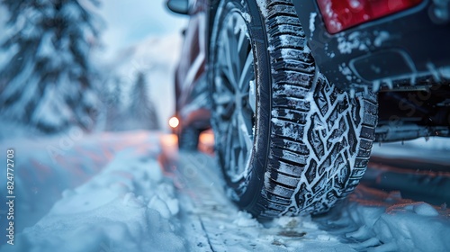 Close-up of a winter tire on a vehicle, showcasing traction on a snowy road