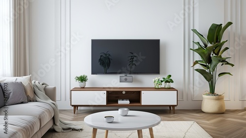 White color wall Background, minimal living room interior decor with a TV cabinet. Generative Ai