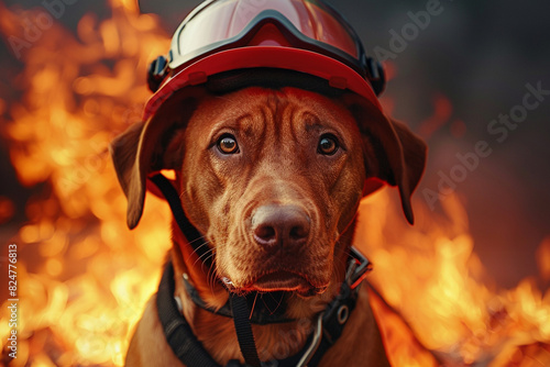 A brave dog in a firefighter helmet stands in front of a blazing fire, showcasing courage and dedication in firefighting efforts.