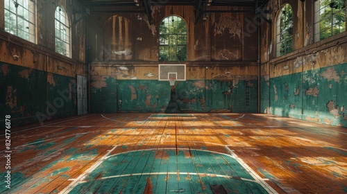 An atmospheric old basketball gym with weathered walls and a classic wooden floor
