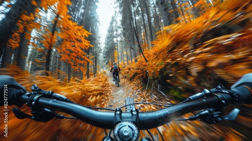 Cyclist's point of view biking on an autumn trail surrounded by vibrant fall foliage and a clear path