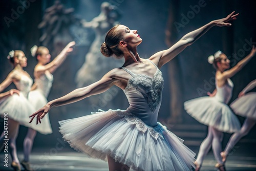 Portrait of a beautiful young ballerina . The radiance of Russian ballet, a ballerina in a tutu performs on stage.