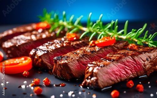 Grilled beef sliced steak medium rare with rosemary herb and spice on white dish, Ready to eat