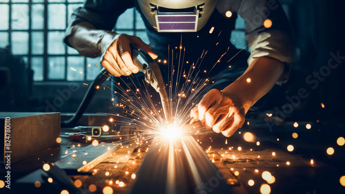 locksmith using a welding machine to cut and weld iron metal, creating a shower of sparks.