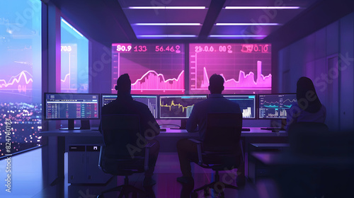 Professional Traders Working in a Modern Monitoring Office with Live Analytics Feed on a Big Digital Screen. Monitoring Room with Brokers and Finance Specialists Sit in Front of Computers.